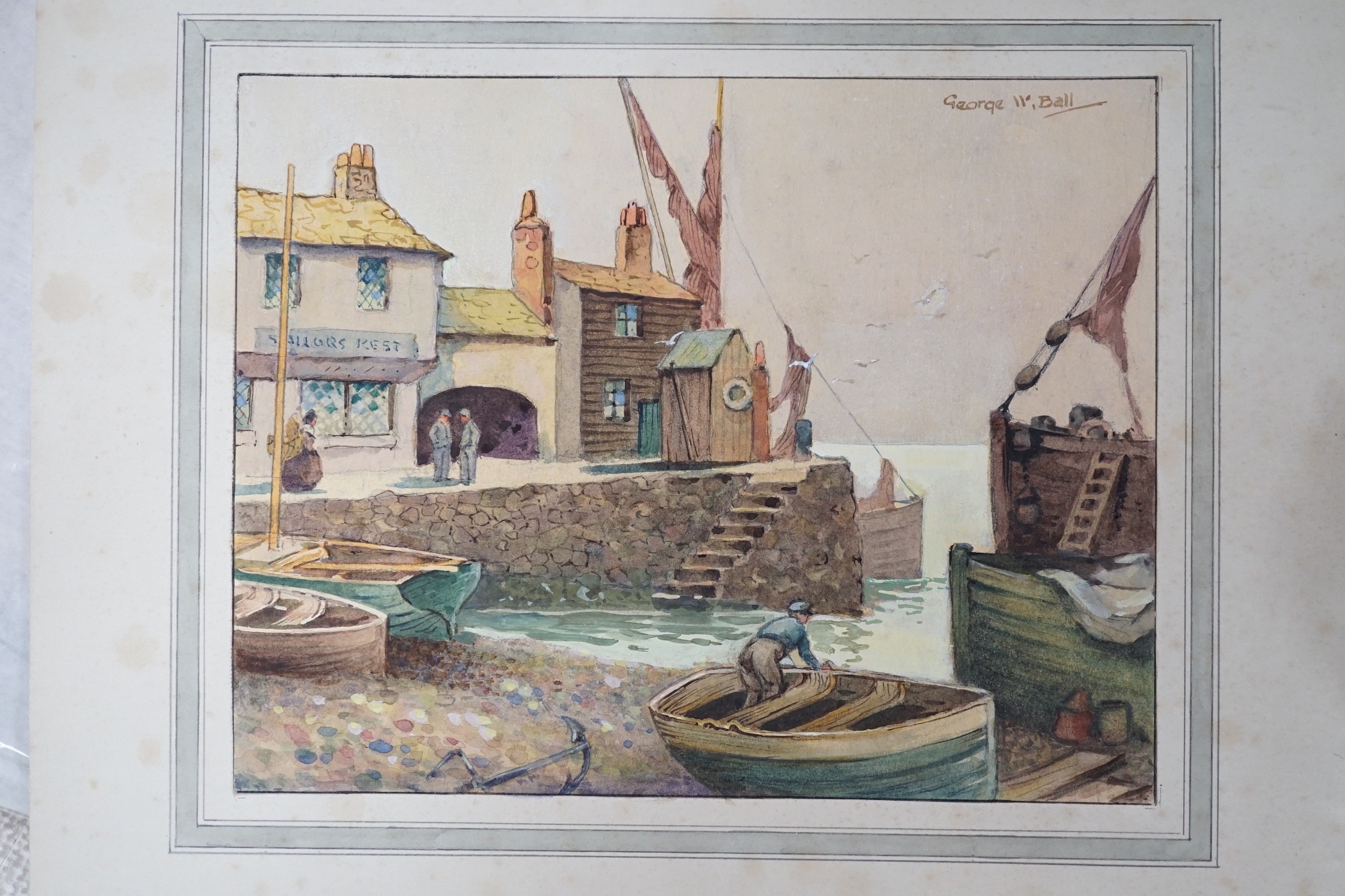 George W. Ball, three watercolour postcard designs, 'The old cottage doorway', 'Estuary, North Wales' and 'An old harbour', largest 18 x 23cm and a Francis Bolton watercolour, View of Criccieth Castle, North Wales', 18 x